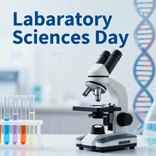 A professional and inspiring image for the Laboratory Sciences Day, featuring elements like a microscope, test tubes with colorful liquids, a DNA helix, and a subtle background of medical symbols. The overall mood should be hopeful and highlight the precision and importance of laboratory work in healthcare. Style: Photorealistic with a touch of artistic flair. Colors: predominantly blues, whites, and subtle glows. (Flux-schnell)